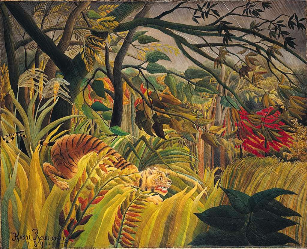 London National Gallery Top 20 18 Henri Rousseau - Tiger In A Tropical Storm Henri Rousseau - Tiger on a Tropical Storm (Surprised), 1891, 130 x 162 cm. Rousseau was a self-taught painter who was known as �le Douanier� (the customs officer) because he worked at a customs house and only painted in his spare time. This bold, richly colourful picture is carefully composed for dramatic effect. Windblown grasses and branches silhouette against the long streaks of lightning wriggling across the sky.